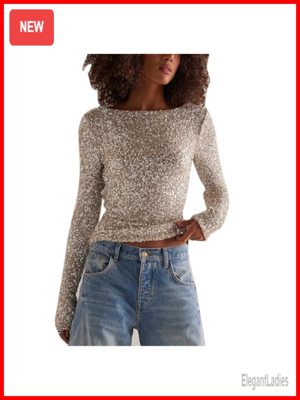 Women Sequin Crop Top Long Sleeve Cowl Neck Sparkly Party Club Shirt